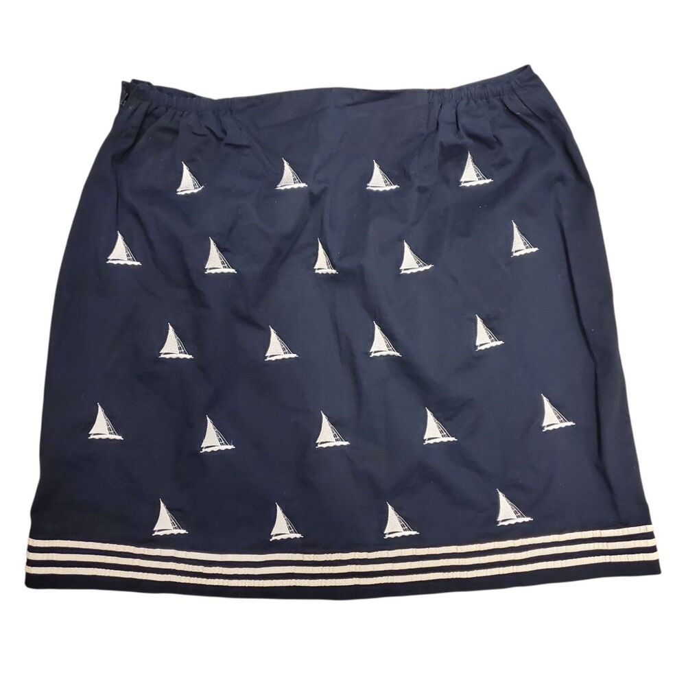 Vintage TALBOTS Skirt Women 18 Blue Petites Stretch Embroider Sail Boat Nautical